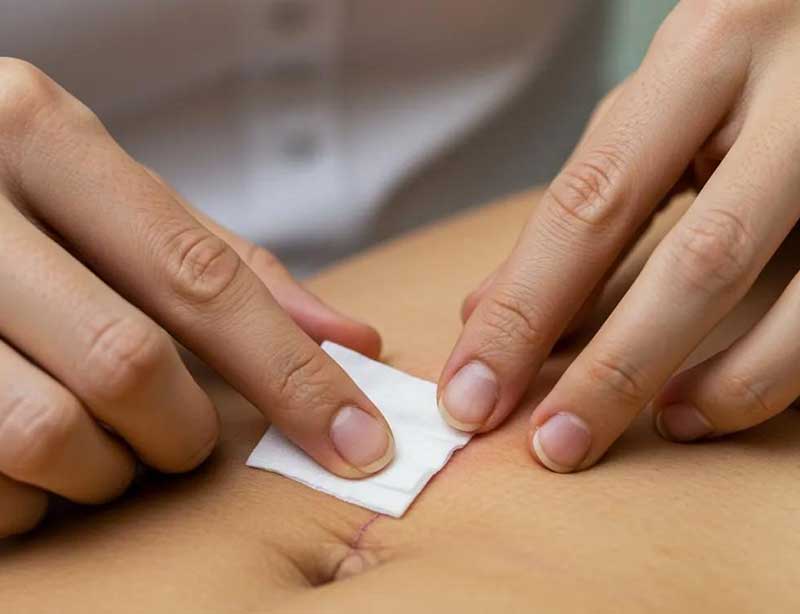 Port dressing sites after laparoscopic surgery — small adhesive dressings on abdomen