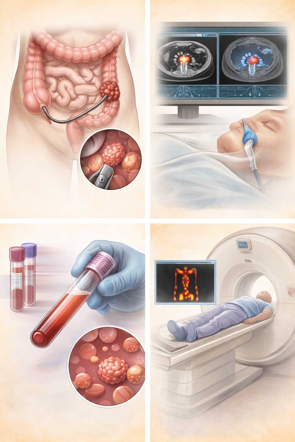 CT scan of the abdomen showing colorectal tumour with annotated arrows — used in diagnosis and staging