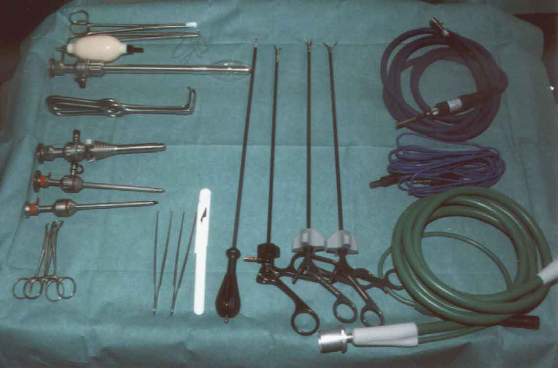 Full set of laparoscopic instruments laid out before surgery