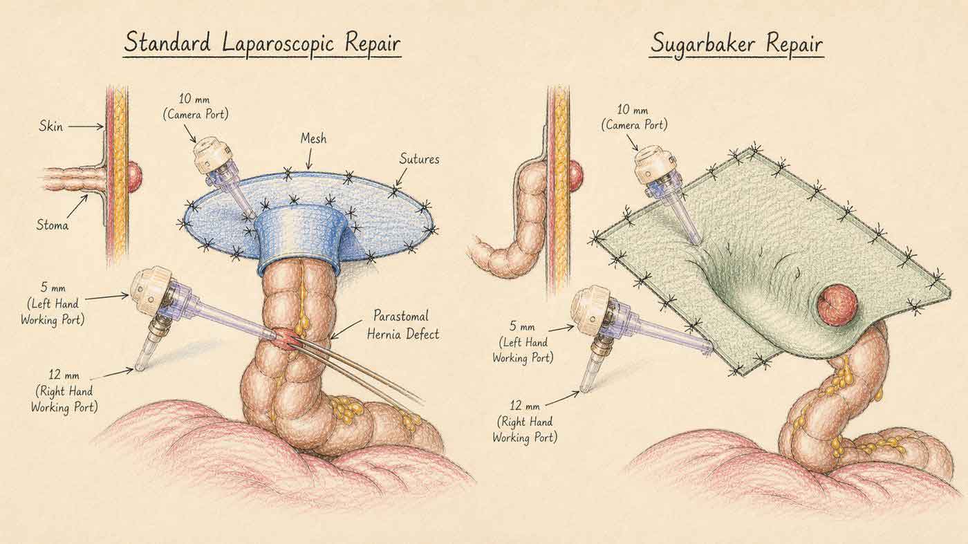 Sugarbaker technique for laparoscopic parastomal hernia repair